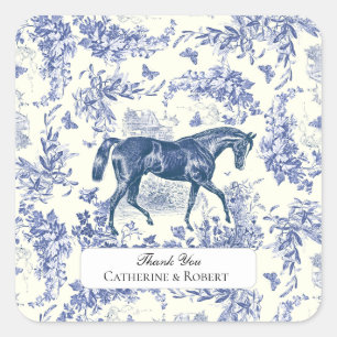 Sticker Carré Toile Florale Élégante Vintage Bleu Blanc Cheval