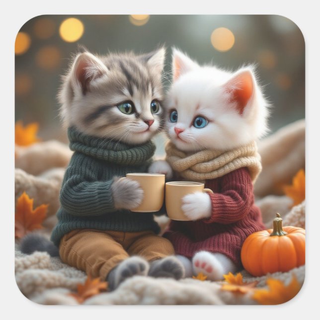 Sticker Carré Tom & Luna – Câlin de citrouille cosy (Devant)