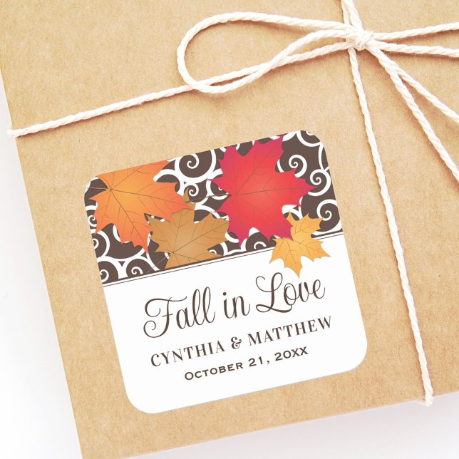 Sticker Carré Tombez Amoureux  Feuilles d'Automne Mariage Monogr (Créateur téléchargé)