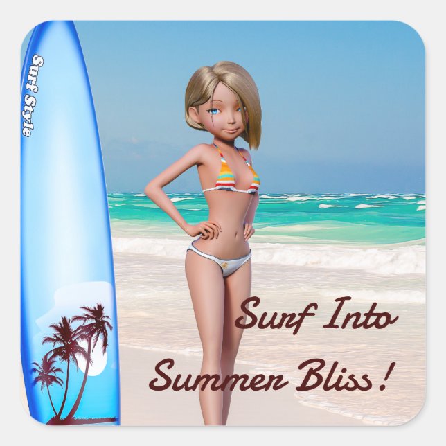 Sticker Carré Toon Surfer Girl Posing sur le bord de mer (Devant)