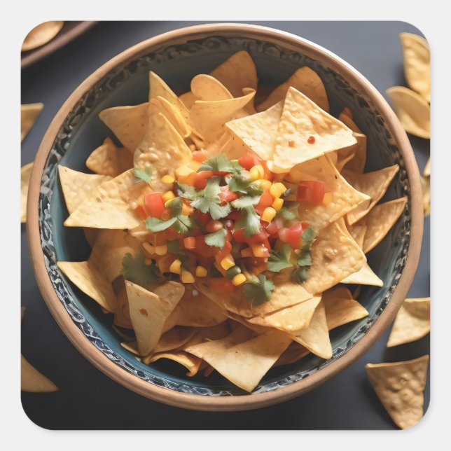 Sticker Carré Tortilla chips avec salsa dans un bol (Devant)