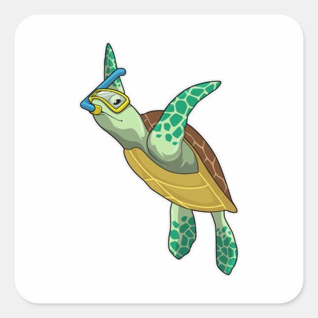 Sticker Carré Tortue à la plongée avec tuba (Devant)