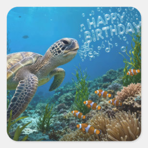 Sticker Carré Tortue de mer avec bulles d'anniversaire