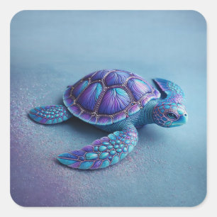Sticker Carré Tortue de mer bleue sarcelle violette colorée