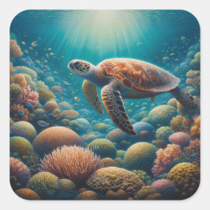 Sticker Carré Tortue de mer et corail