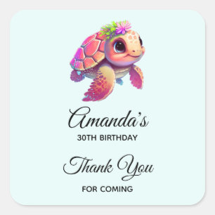 Sticker Carré Tortue de mer rose Whimsical & mignon Anniversaire