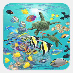Sticker Carré Tortue de mer tropicale hawaïenne de poissons de
