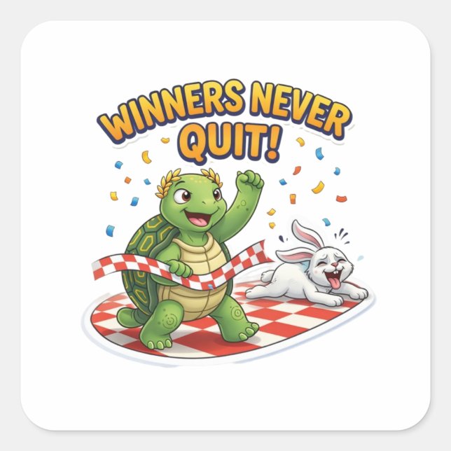 Sticker Carré Tortue de motivation 'Lent et régulier gagne' (Devant)