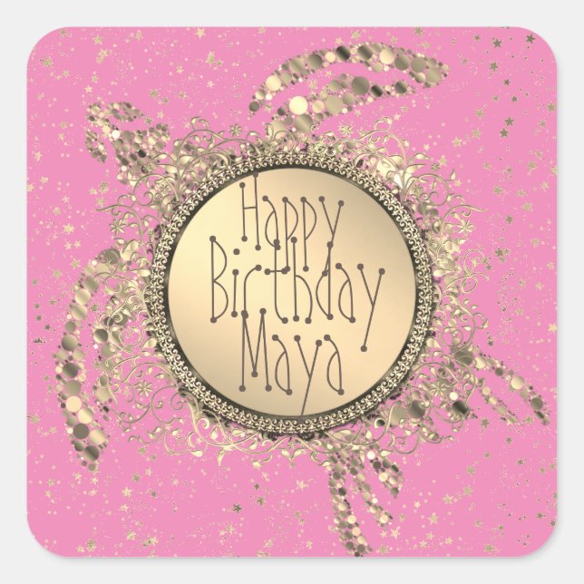 Sticker Carré Tortue dorée sur rose Anniversaire (Devant)