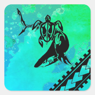 Sticker Carré Tortue et requin d'inspiration polynésienne