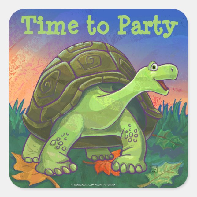 Sticker Carré Tortue mignonne heure de faire la fête (Devant)