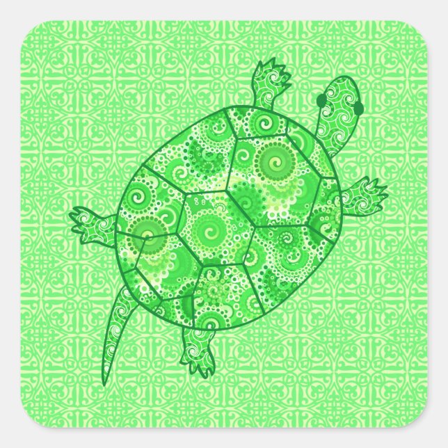 Sticker Carré Tortue tourbée fractale - chaux et vert émeraude (Devant)