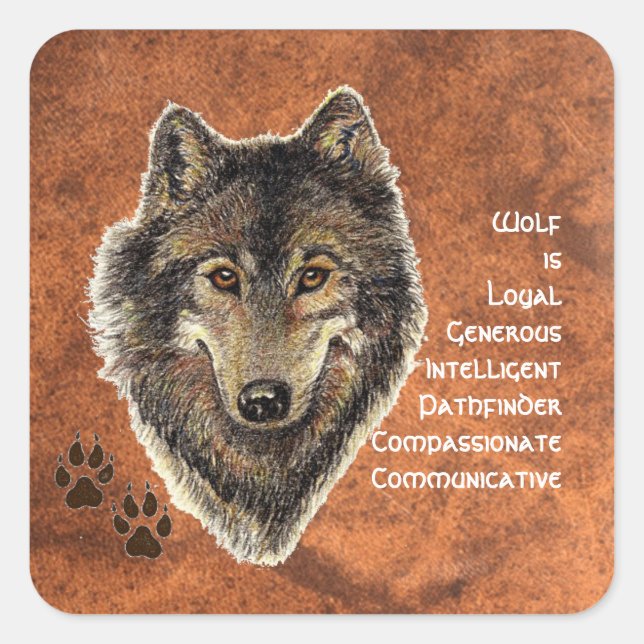 Sticker Carré Totem du loup, Symbole inspirationnel du guide ani (Devant)