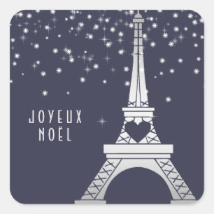 Sticker Carré Tour Eiffel avec neige   Joyeux Noël à Paris
