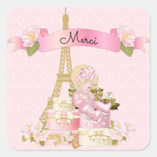 Sticker Carré Tour Eiffel de Paris Or Rose Bébé Fille Blonde