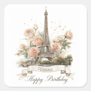 Sticker Carré Tour Eiffel "Joyeux anniversaire" avec nom personn