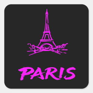 Sticker Carré Tour Eiffel Rose Néon Paris Croquis Moderne