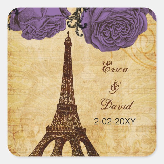 Sticker Carré tour vintage violet eiffel Paris enveloppe les pho (Devant)