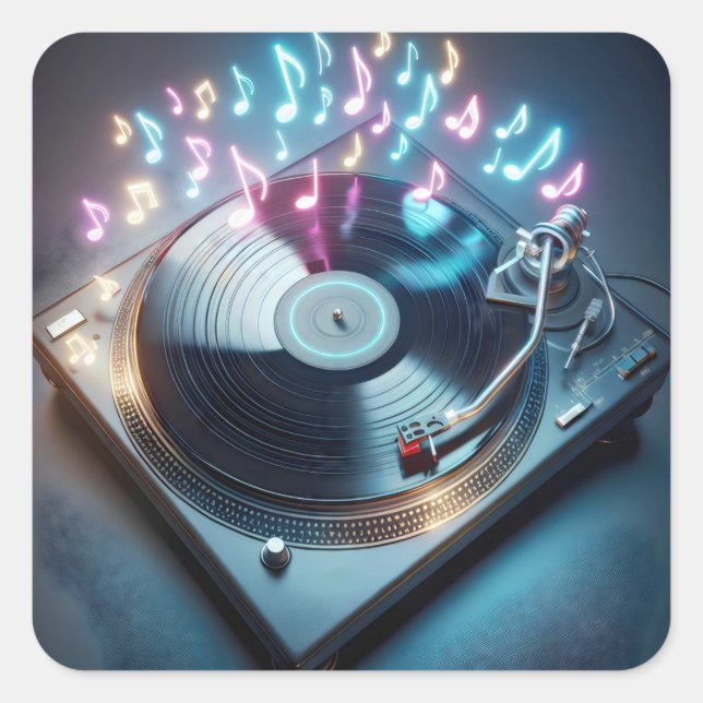 Sticker Carré Tourne-disque stéréo avec notes néon (Devant)
