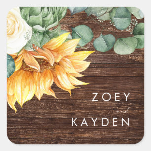 Sticker Carré Tournesol Bois Mariage Enveloppe Phoques