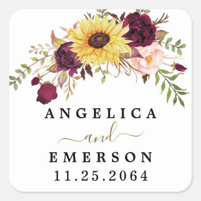 Sticker Carré Tournesol Bourgogne Rouge Blush Peony Mariage Rose (Devant)