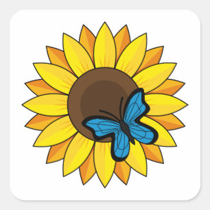 Sticker Carré Tournesol et papillon bleu