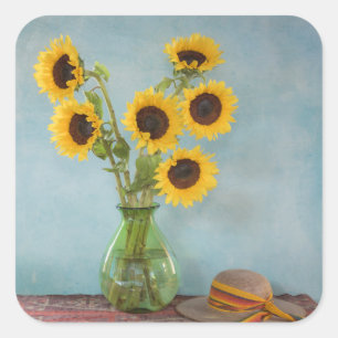 Sticker Carré Tournesols en vase sur table