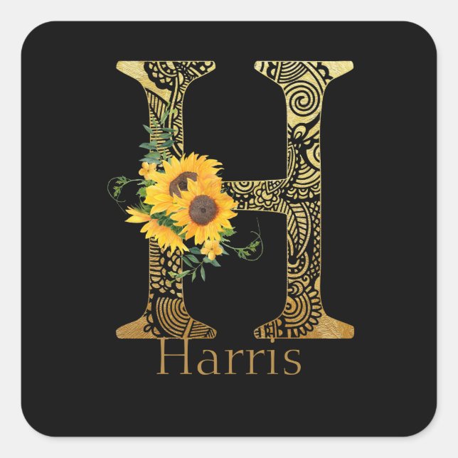 Sticker Carré Tournesols H en lettres noires et dorées  (Devant)