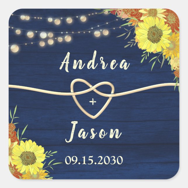 Sticker Carré Tournesols Rustique Marine Blue Wedding Favoriser (Devant)