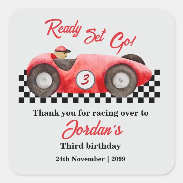 Sticker Carré Tout âge Anniversaire Red Race Parfait Partir (Devant)