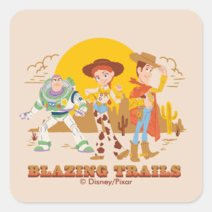 Sticker Carré Toy Story Buzz, Jessie, Woody "Pistes enflammées"