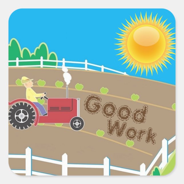 Sticker Carré Tracteur agricole ensoleillé Enfants Bon travail R (Devant)