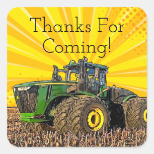 Sticker Carré Tracteur Anniversaire Fête Équipement Jaune Fun