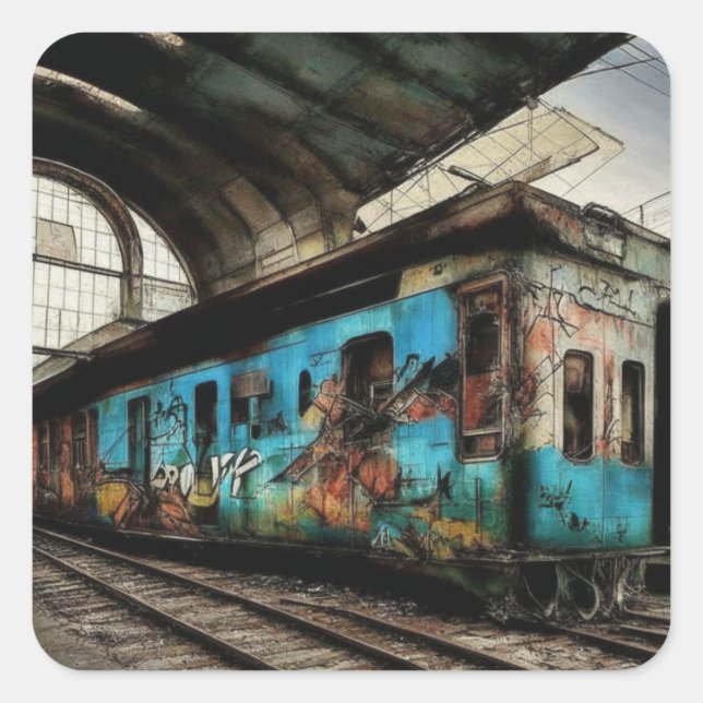 Sticker Carré Train abandonné avec Graffiti Urban Street Art (Devant)