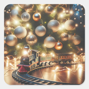 Sticker Carré Train de Noël or à l'ancienne sous l'arbre