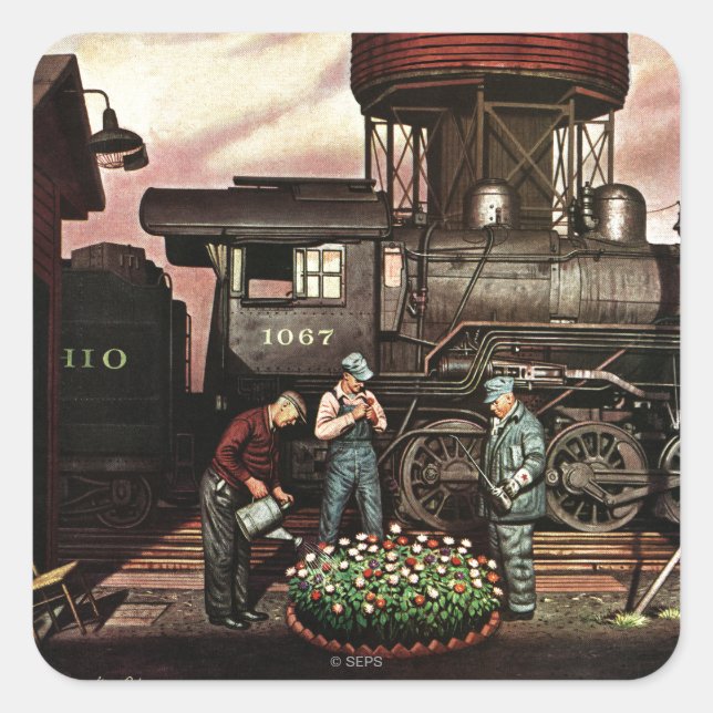 Sticker Carré Train Yard Flower Garden par Stevan Dohanos (Devant)