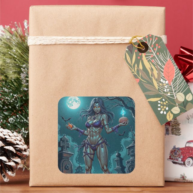 Sticker Carré Traite d'Halloween ou ami Zombie w Cerveau (vacances)