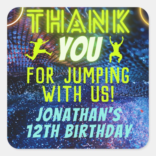 Sticker Carré Trampoline Jumping Anniversaire Merci de fête Favo (Devant)