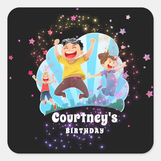 Sticker Carré Trampoline Party Enfants Jump Anniversaire Favoris (Devant)