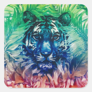 Sticker Carré Travel Jungle Wild Tiger Foliage Feuilles tropicau