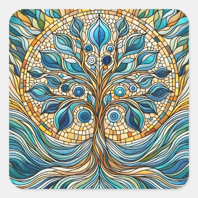 Sticker Carré Tree of Life Shattered Glass Mosaic Aqua Blues  (Devant)
