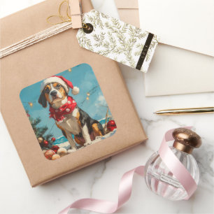 Sticker Carré Treeing Walker Coonhound Noël Vintage Plage