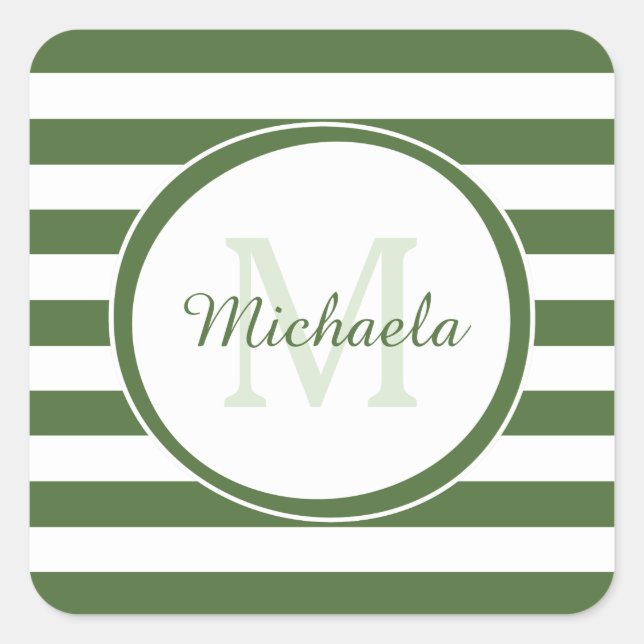 Sticker Carré Trendy Dark Green Awning Stripes Monogramme et nom (Devant)