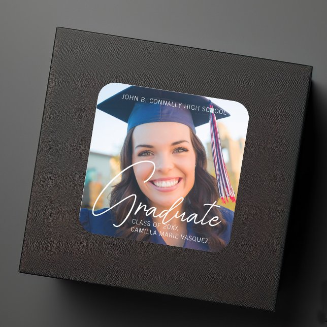 Sticker Carré Trendy Graduation Photo White Script Overlay (Créateur téléchargé)