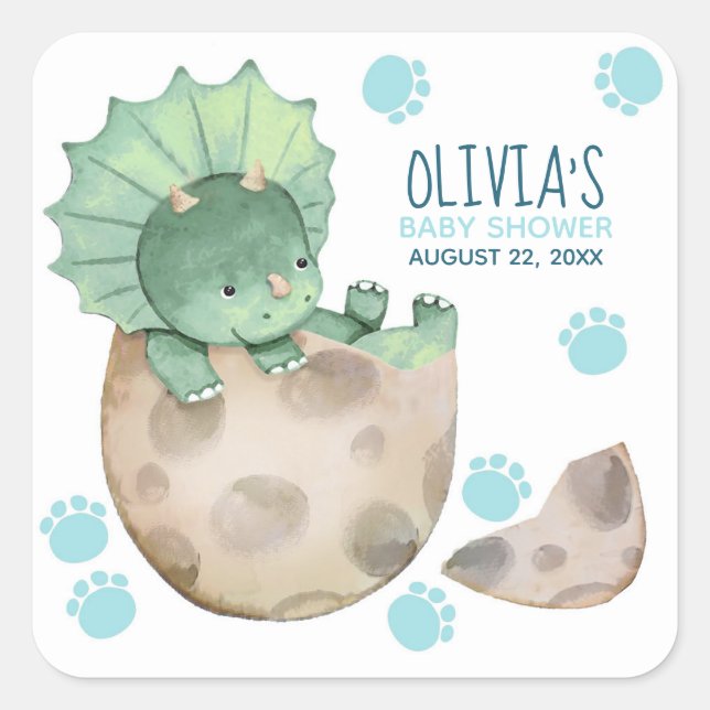 Sticker Carré Tricératops Baby shower de garçon Dinosaur (Devant)
