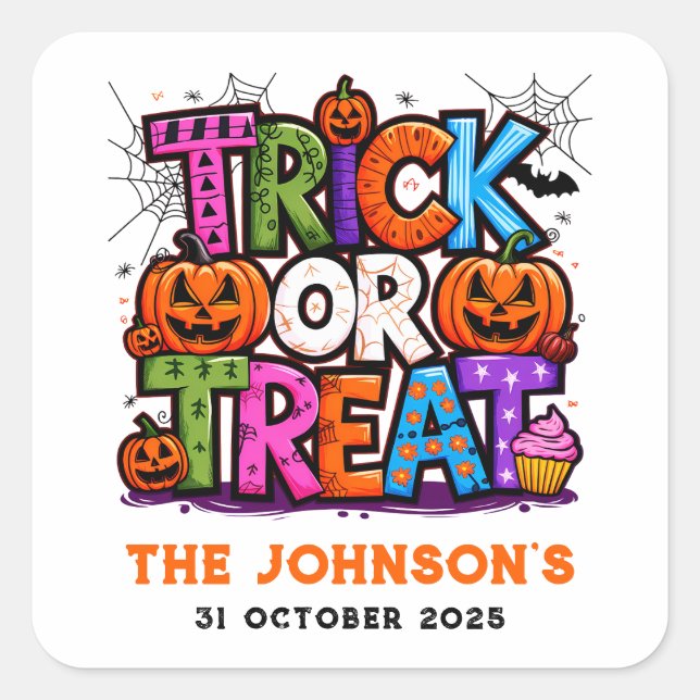 Sticker Carré TRICK OU TRAITEMENT | Cute Halloween Bash Party (Devant)