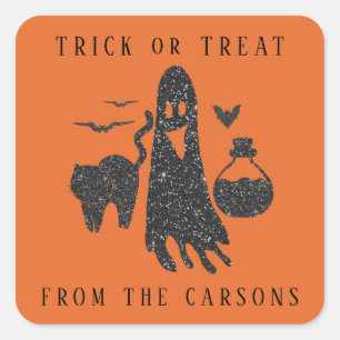 Sticker Carré Trick ou traiter Black Orange Halloween Ghost Witc