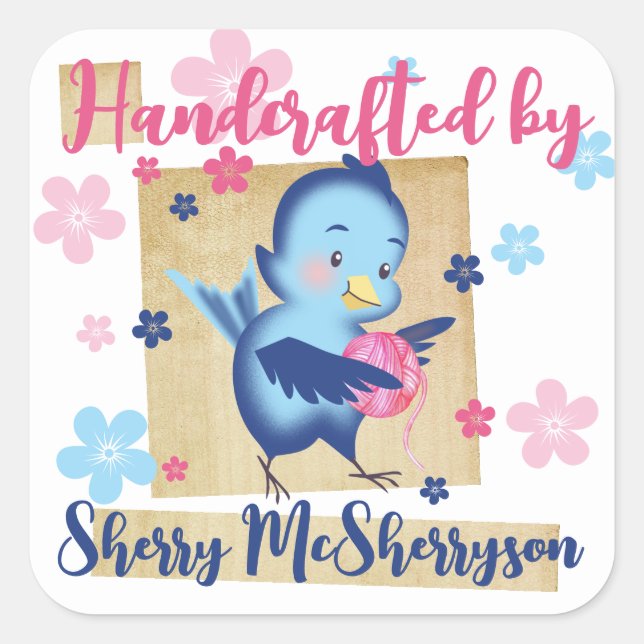 Sticker Carré Tricot tricot crochet homespun fil oiseau (Devant)