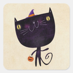 Sticker Carré Tricoter ou traiter Chat noir Cute Halloween Autom