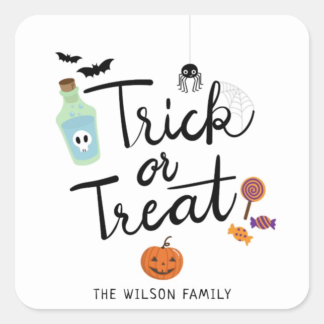 Sticker Carré Tricoter ou traiter le bonbon d'Halloween (Devant)